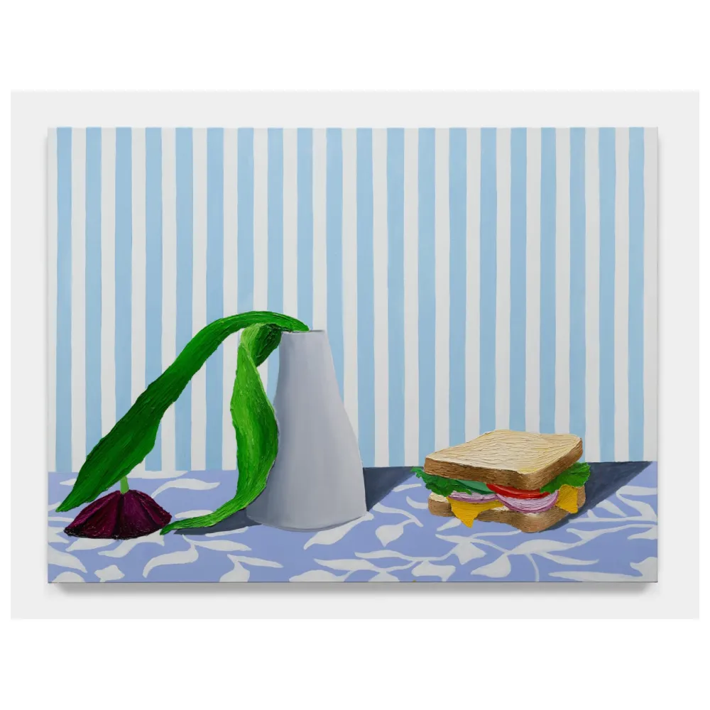 Flower and sandwich on table, 2023